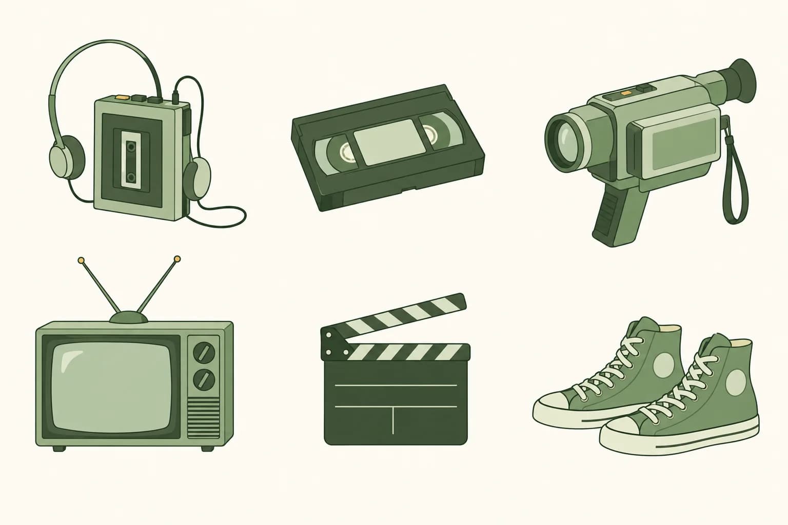 Cartoon portable cassette player with headphones, a VHS tape, a camcorder, a television with rabbit-ear antennas, a film clapperboard and high-top sneakers