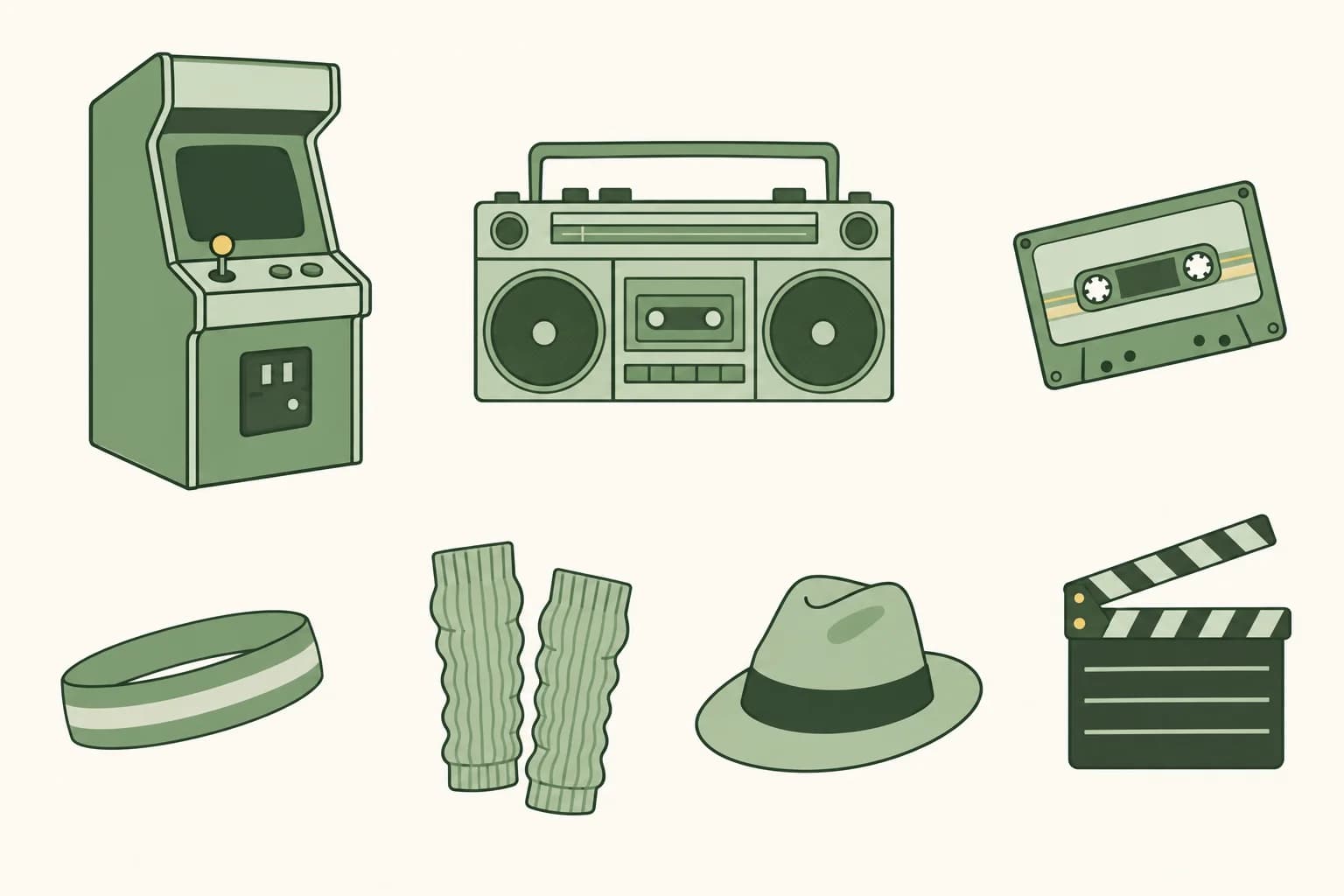 Cartoon arcade cabinet with a joystick, a boom box, a cassette tape, a headband, leg warmers, a fedora and a movie clapperboard