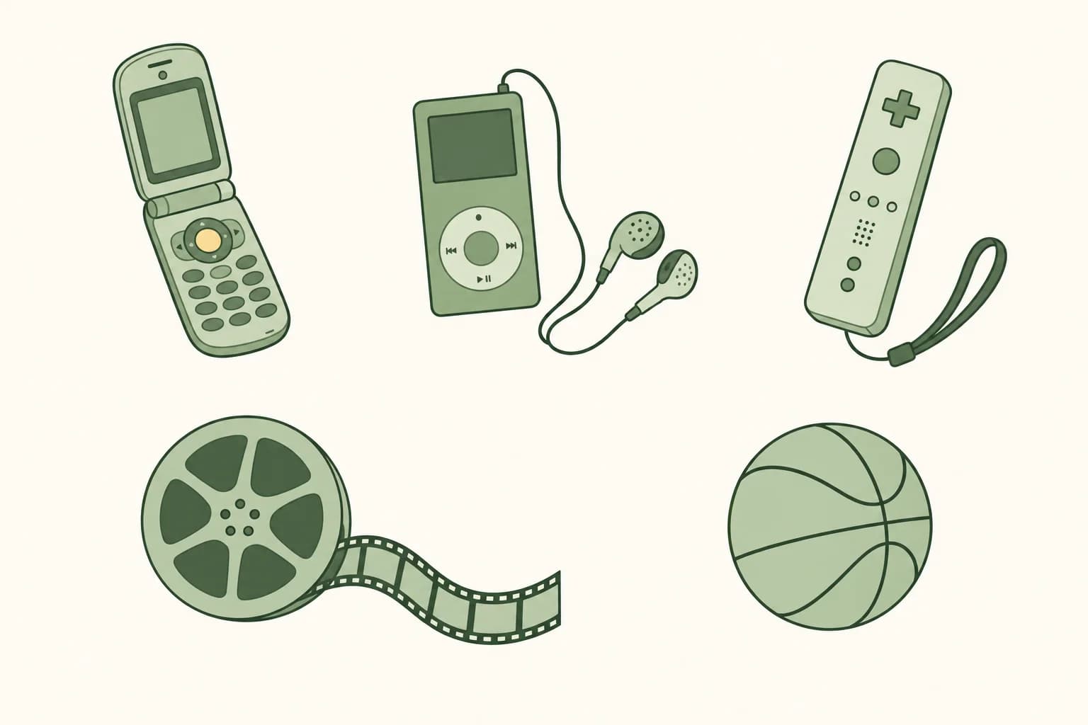 Cartoon items from 2007: a flip phone, an MP3 player with earbuds, a motion-sensing game remote, a film reel and a basketball