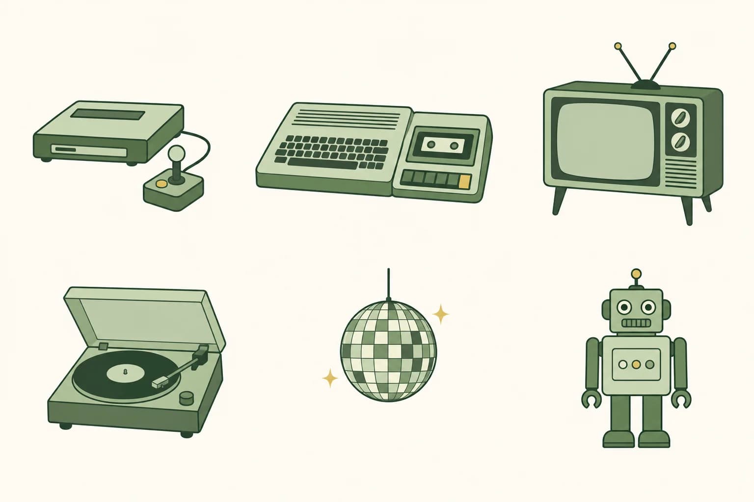 Cartoon game console with a joystick, a home computer with a cassette recorder, a television set, a record player, a disco ball and a toy robot