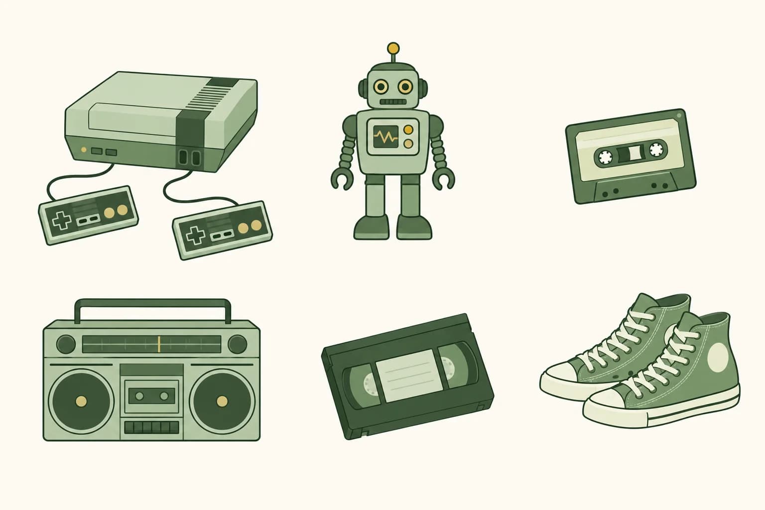A cartoon game console with two controllers, a toy robot, a cassette tape, a boom box, a VHS tape and high-top sneakers