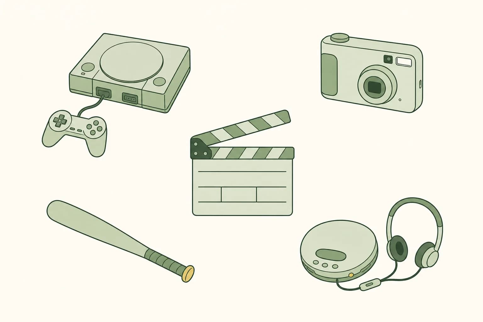 Cartoon items from 2001: a game console with a controller, a digital camera, a film clapperboard, a baseball bat and a portable CD player with headphones