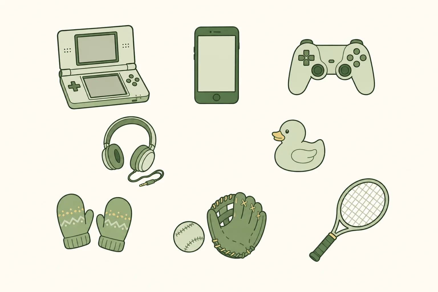 Cartoon handheld game system, a smartphone, a game controller, headphones, a rubber duck, a pair of mittens, a baseball with a glove and a tennis racket