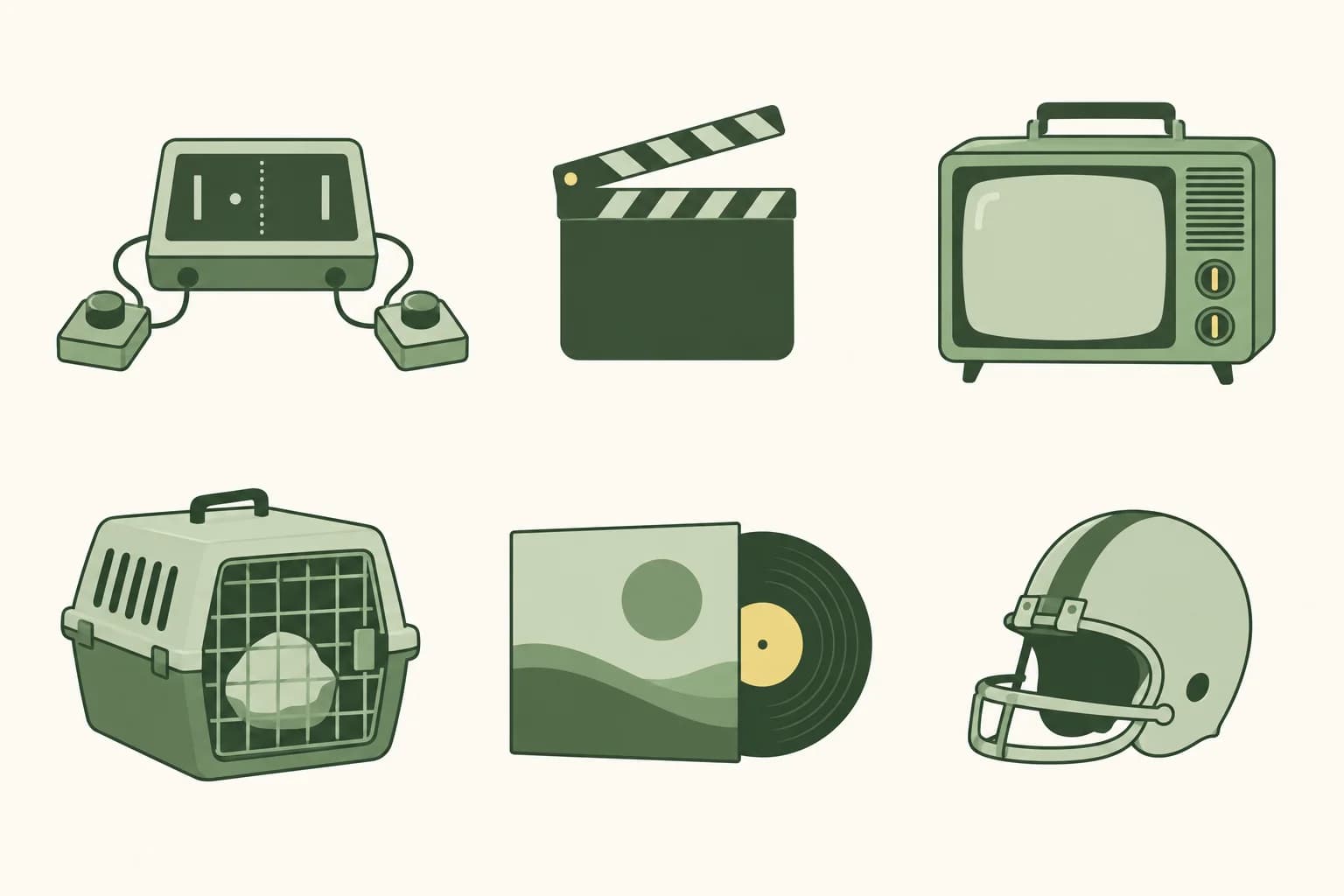 Cartoon video-game paddles on a small console, a clapperboard, a portable television, a rock in a pet-carrier box, a record sleeve and a football helmet