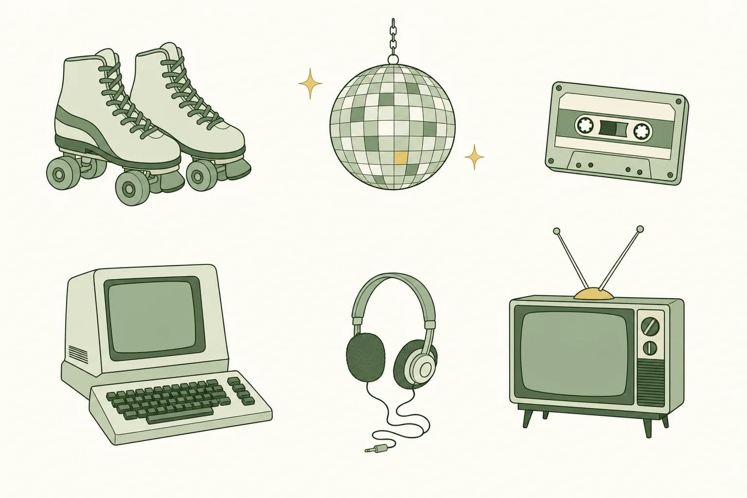 Cartoon roller skates, a disco ball, a cassette tape, a home computer with a keyboard, a pair of foam headphones and a TV set with rabbit-ear antennas