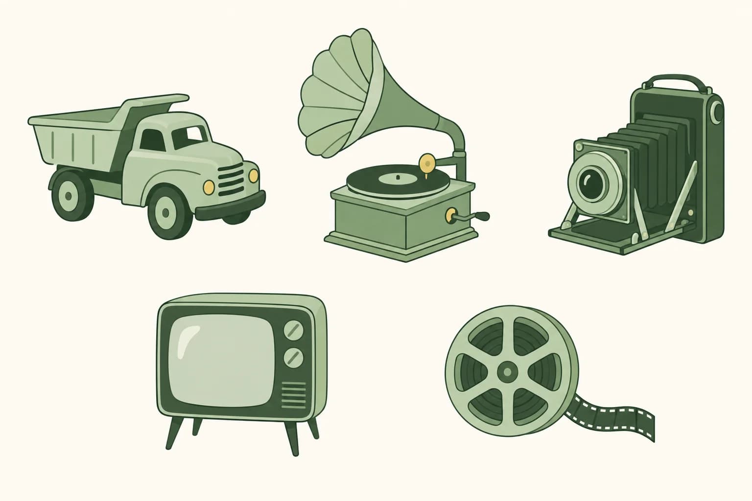 Cartoon pressed-steel toy dump truck, a vinyl record on a phonograph, an old folding camera, a small black-and-white television and a film reel