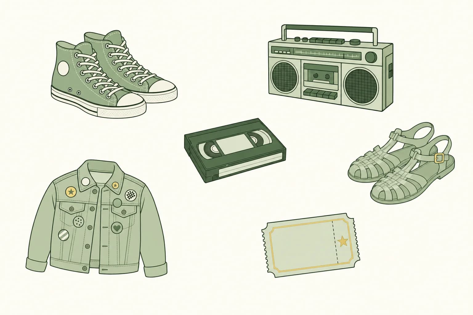 Cartoon high-top sneakers, a boom box, a VHS tape, a pair of jelly sandals, a denim jacket covered in pins and a movie ticket