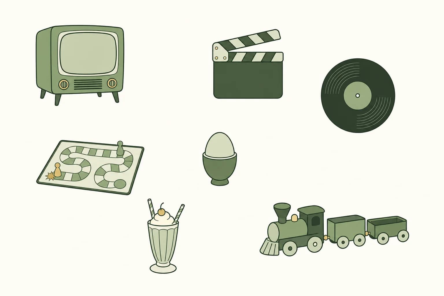 Cartoon icons of a tube television, a movie clapperboard, a 78 rpm record, a board game with a winding path, a putty egg, a toy train and a milkshake with two straws
