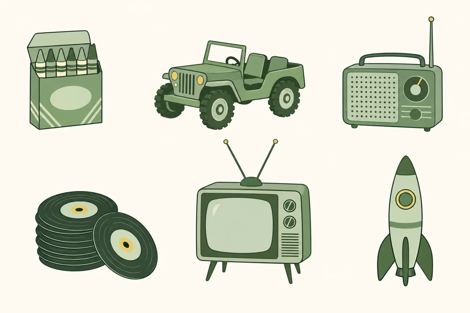 Cartoon crayons in a box, a toy jeep, a transistor radio, a stack of 45 rpm records, a TV set with rabbit-ear antenna and a toy rocket