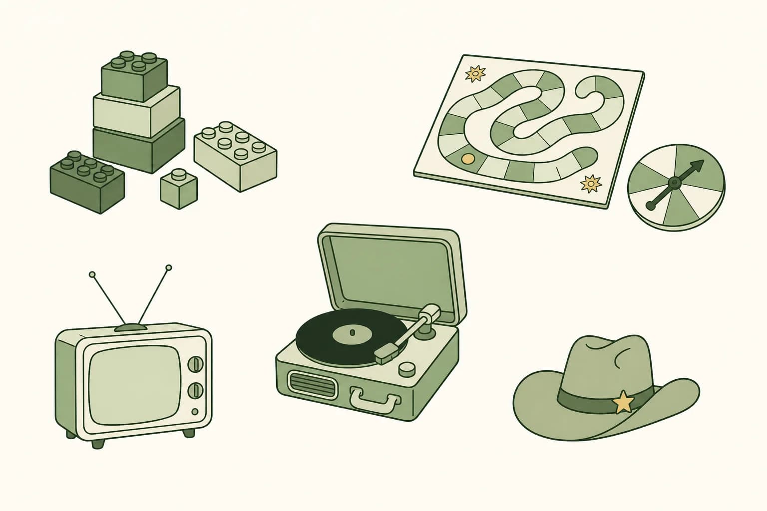 Cartoon interlocking toy bricks, a board game with a winding trail and a spinner, a 45 rpm record on a small turntable, a black-and-white television set and a cowboy hat