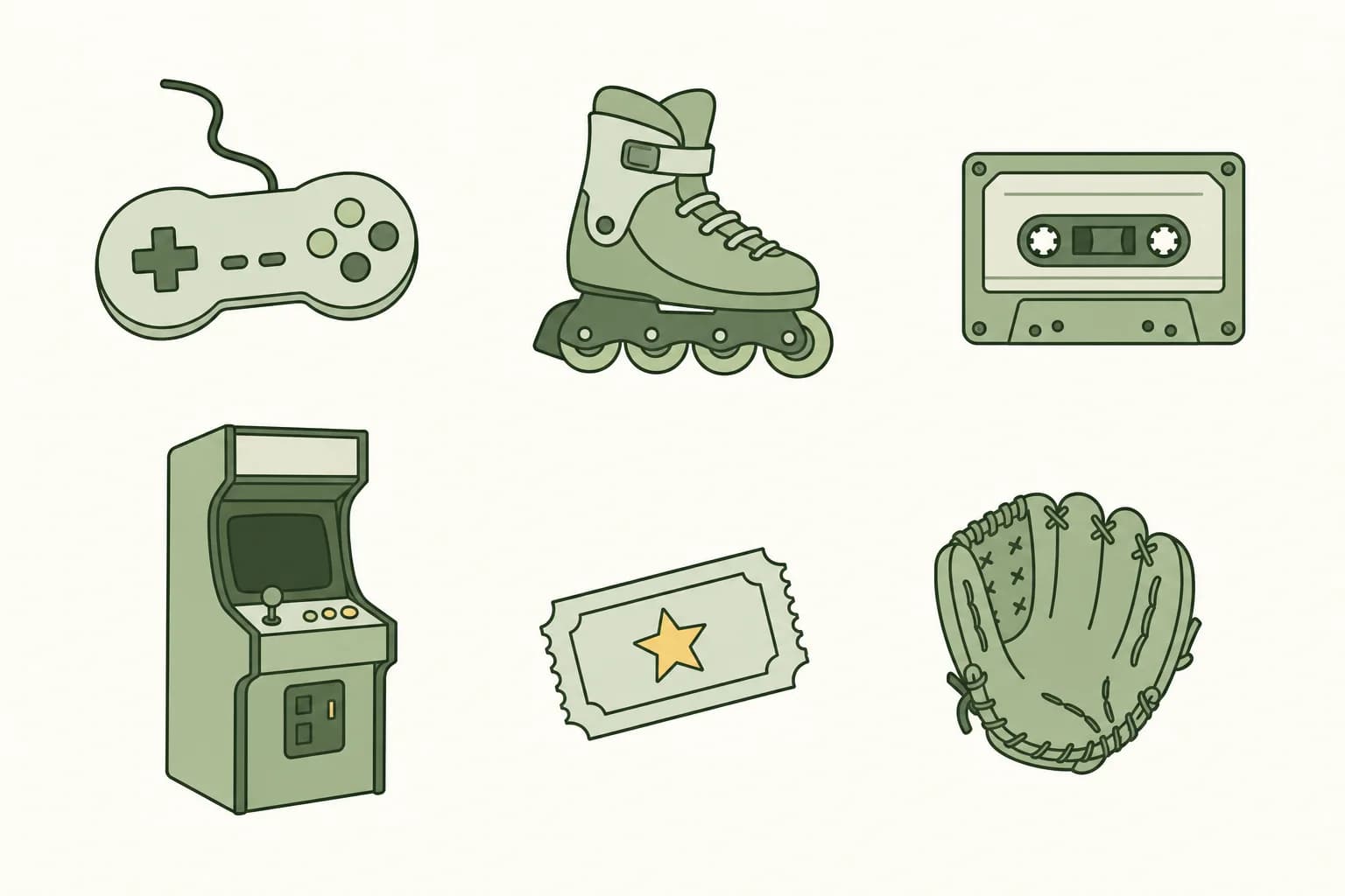 Cartoon items of 1992: a video game controller, a pair of in-line skates, a cassette tape, an arcade cabinet, a movie ticket and a baseball glove