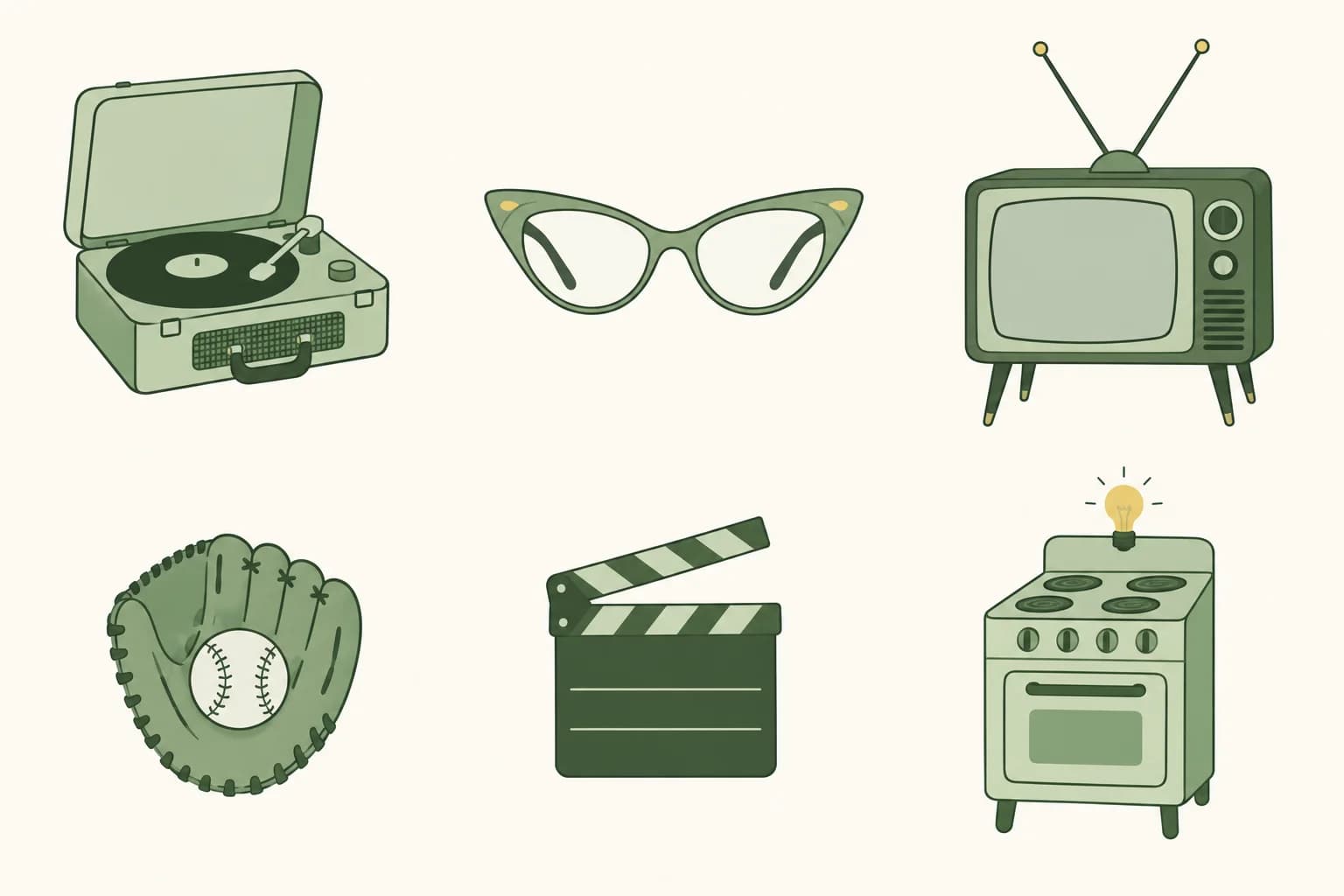 Cartoon icons of a portable record player, cat-eye glasses, a tube television with rabbit ears, a baseball and glove, a movie clapperboard and a toy oven with a light bulb