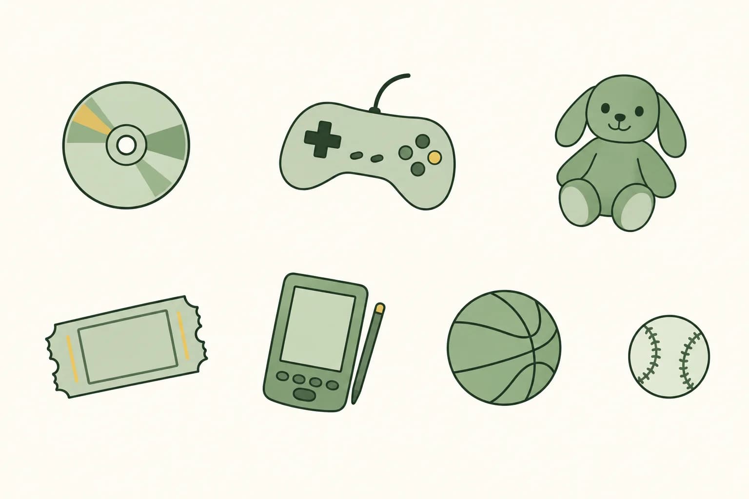 Cartoon icons from the 1990s: a compact disc, a game controller, a plush bunny, a movie ticket, a handheld organizer, a basketball and a baseball