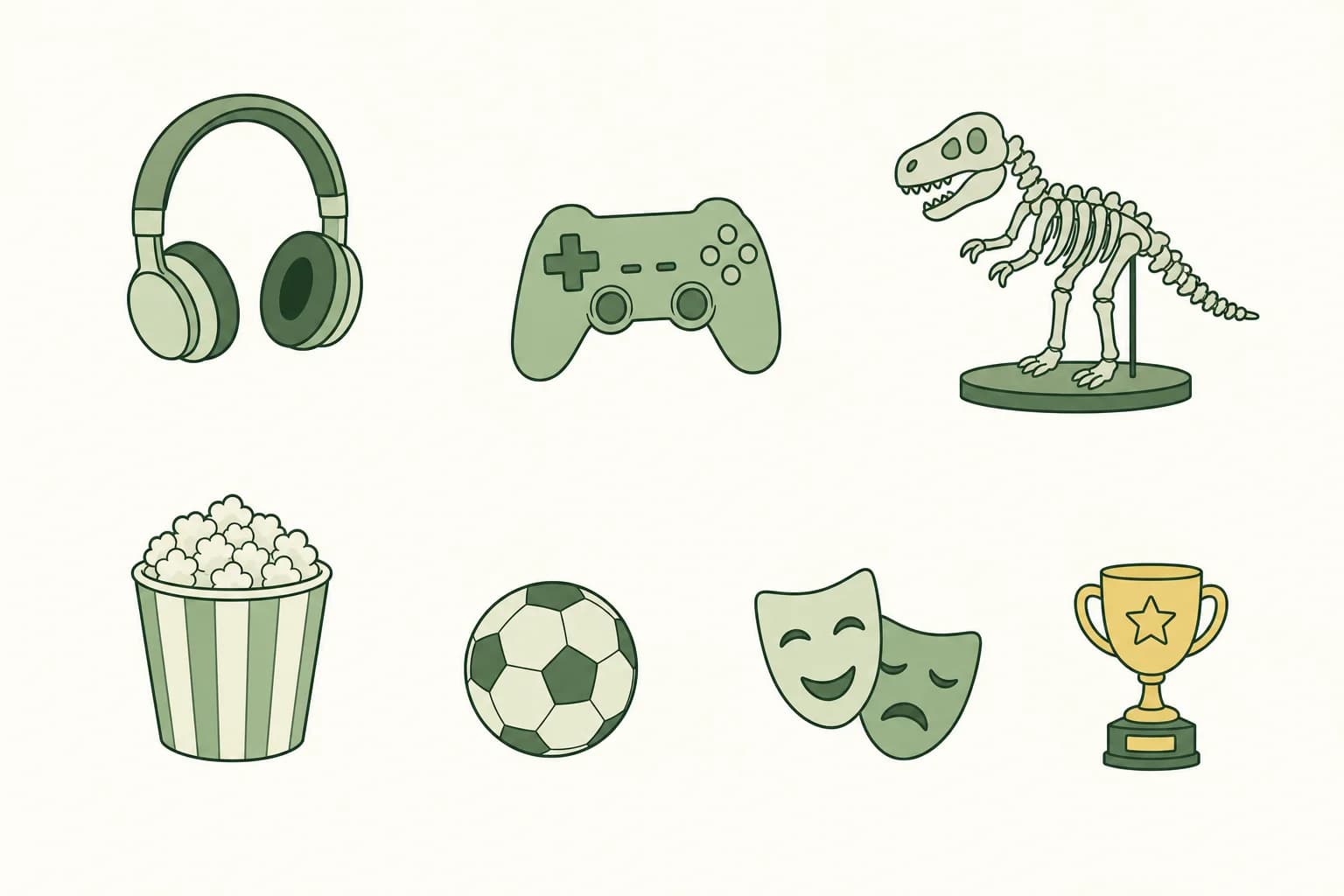 Cartoon headphones, a video game controller, a model dinosaur skeleton, a popcorn bucket, a soccer ball, a theater mask and a small trophy