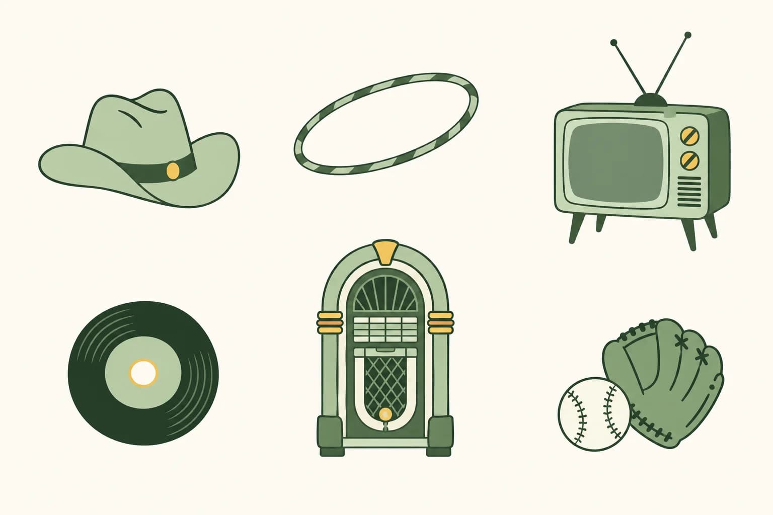 Cartoon cowboy hat, a hula hoop, a small television set, a 45 rpm record, a jukebox and a baseball with a mitt