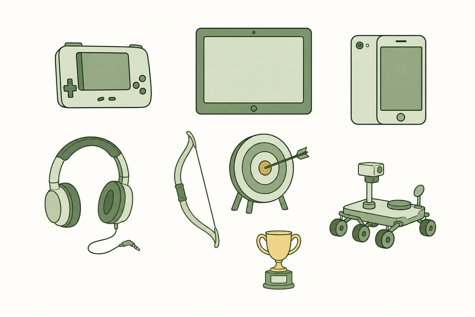 Cartoon handheld game controller with a screen, a tablet, a smartphone with a camera, headphones, a bow beside a round target, a toy rover and a small trophy
