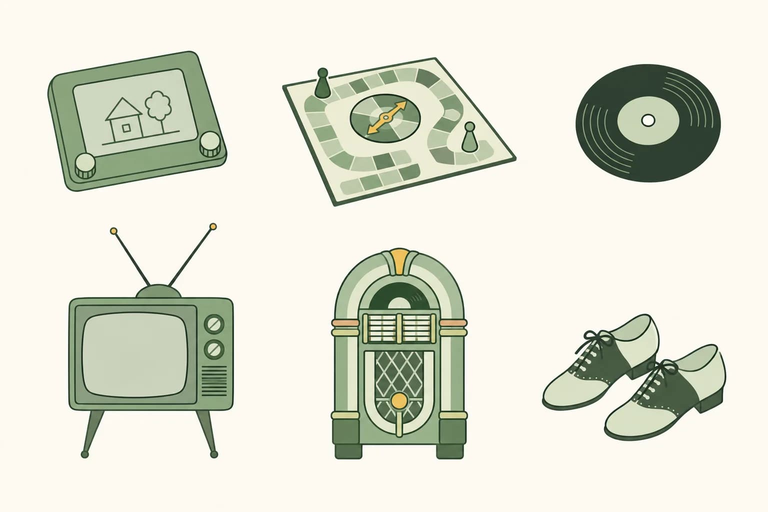 Cartoon drawing toy with two knobs, a board game with a spinner, a 45 rpm record, a television with rabbit ears, a jukebox and a pair of dancing shoes