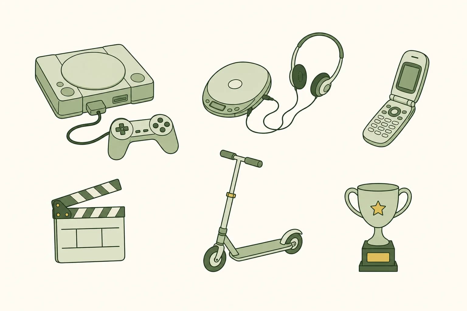 Cartoon objects of 2000 in a pile: a game console with a controller, a portable CD player with headphones, a flip phone, a movie clapperboard, a foot scooter and a trophy