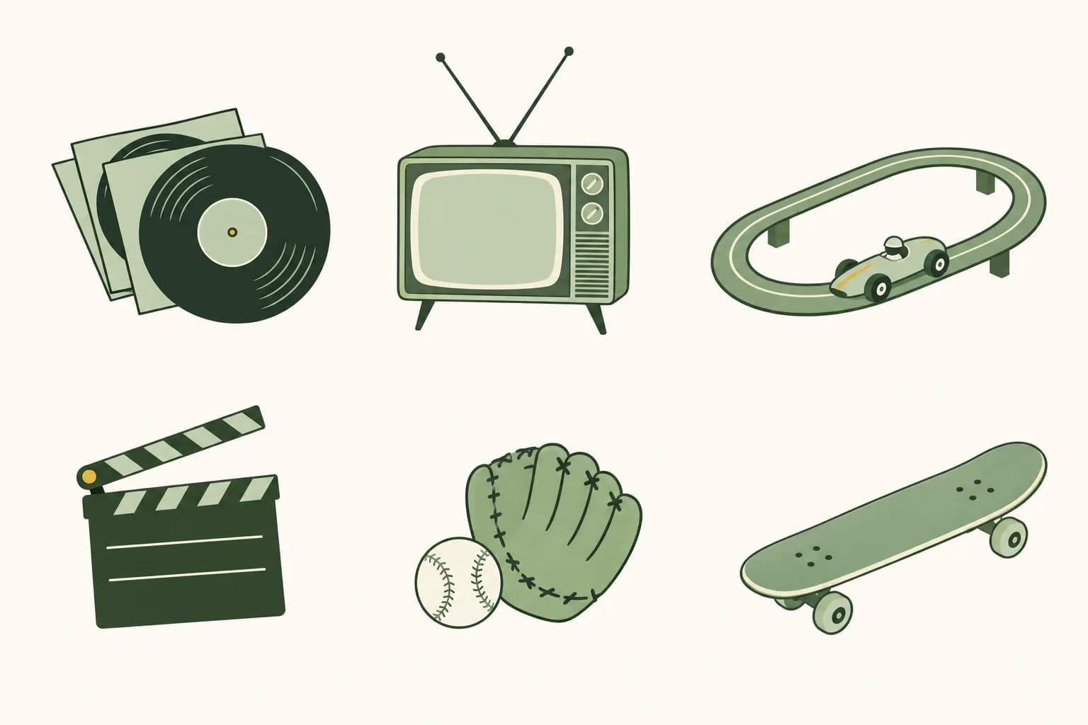 Cartoon vinyl singles, a console television with antennas, a toy race car on a looping track, a clapperboard, a baseball with a glove and a skateboard