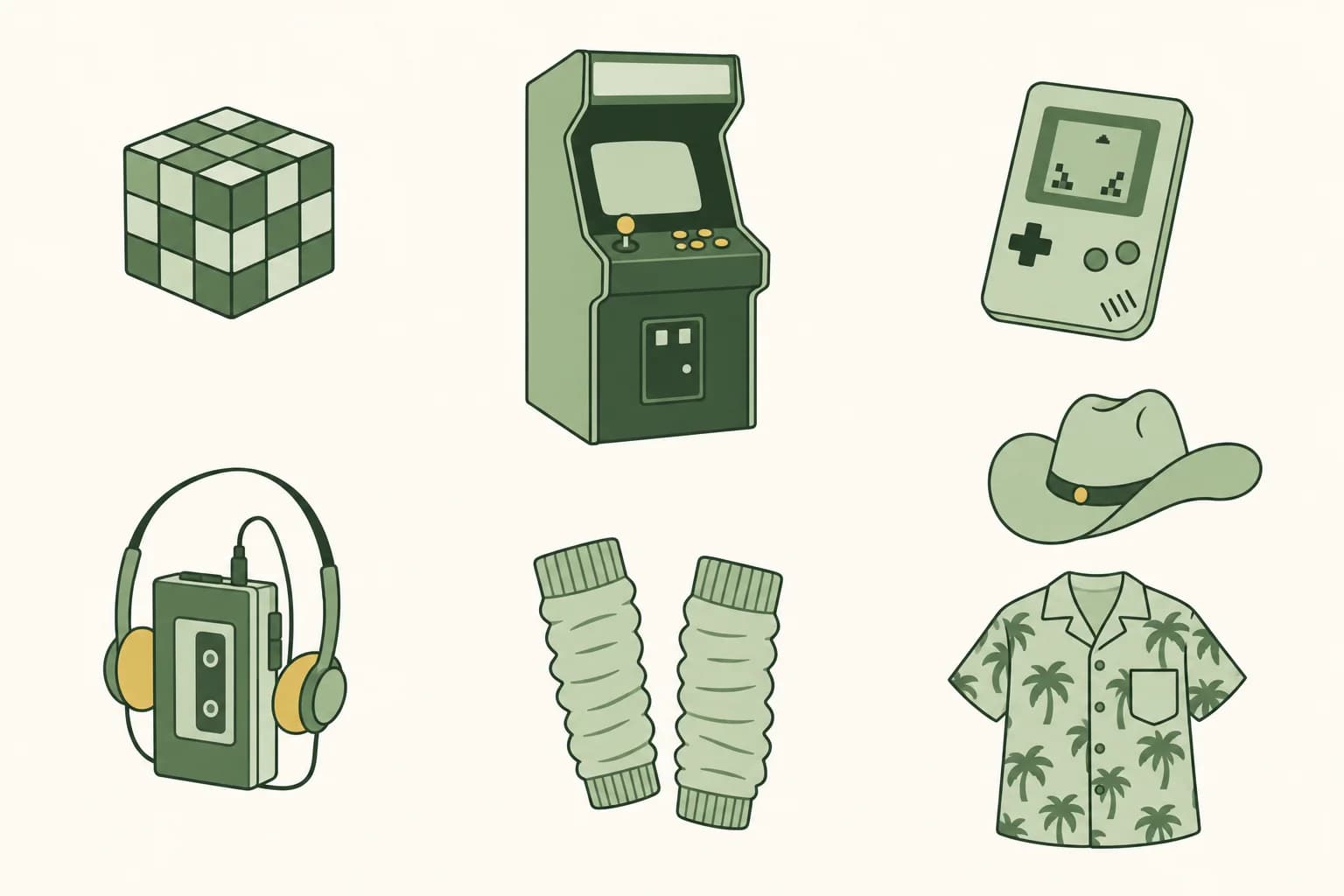 Cartoon retro favorites: a puzzle cube, an arcade cabinet, a pocket handheld game, a cassette player with headphones, leg warmers, a cowboy hat and a palm-print shirt