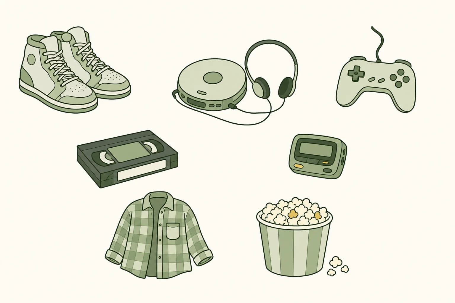 Cartoon high-top sneakers, a portable CD player with headphones, a game controller, a VHS tape, a pager, a flannel shirt and a bucket of popcorn