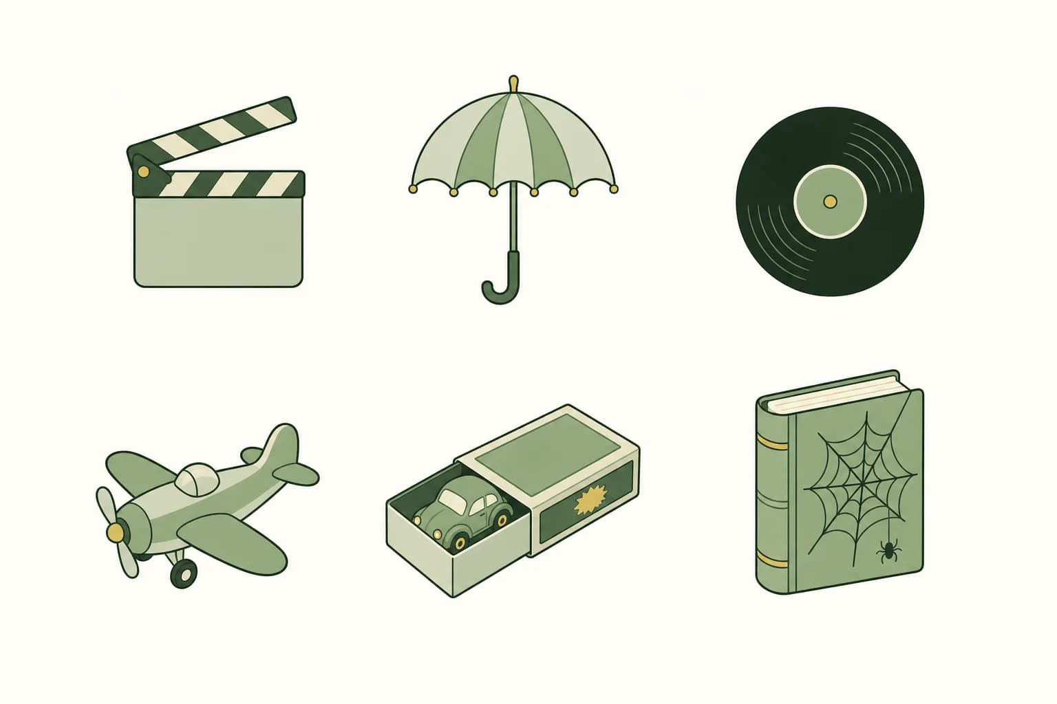 Cartoon icons of a clapperboard, an umbrella, a 45 rpm record, a toy airplane, a toy car in a matchbox and a book with a spider web on its cover