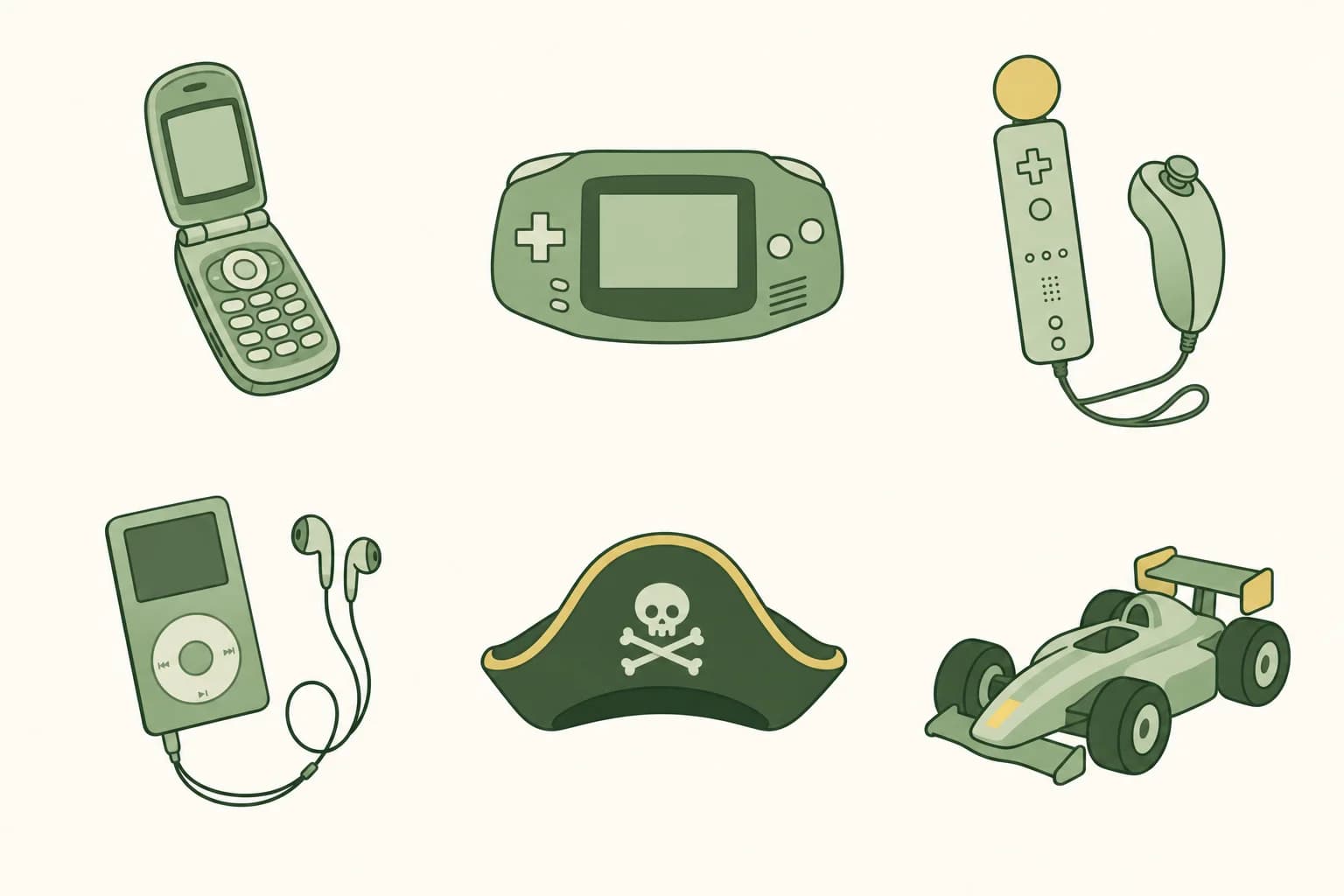 Cartoon flip phone, a handheld game system, a motion-controller game console, a music player with earbuds, a pirate hat and a toy race car