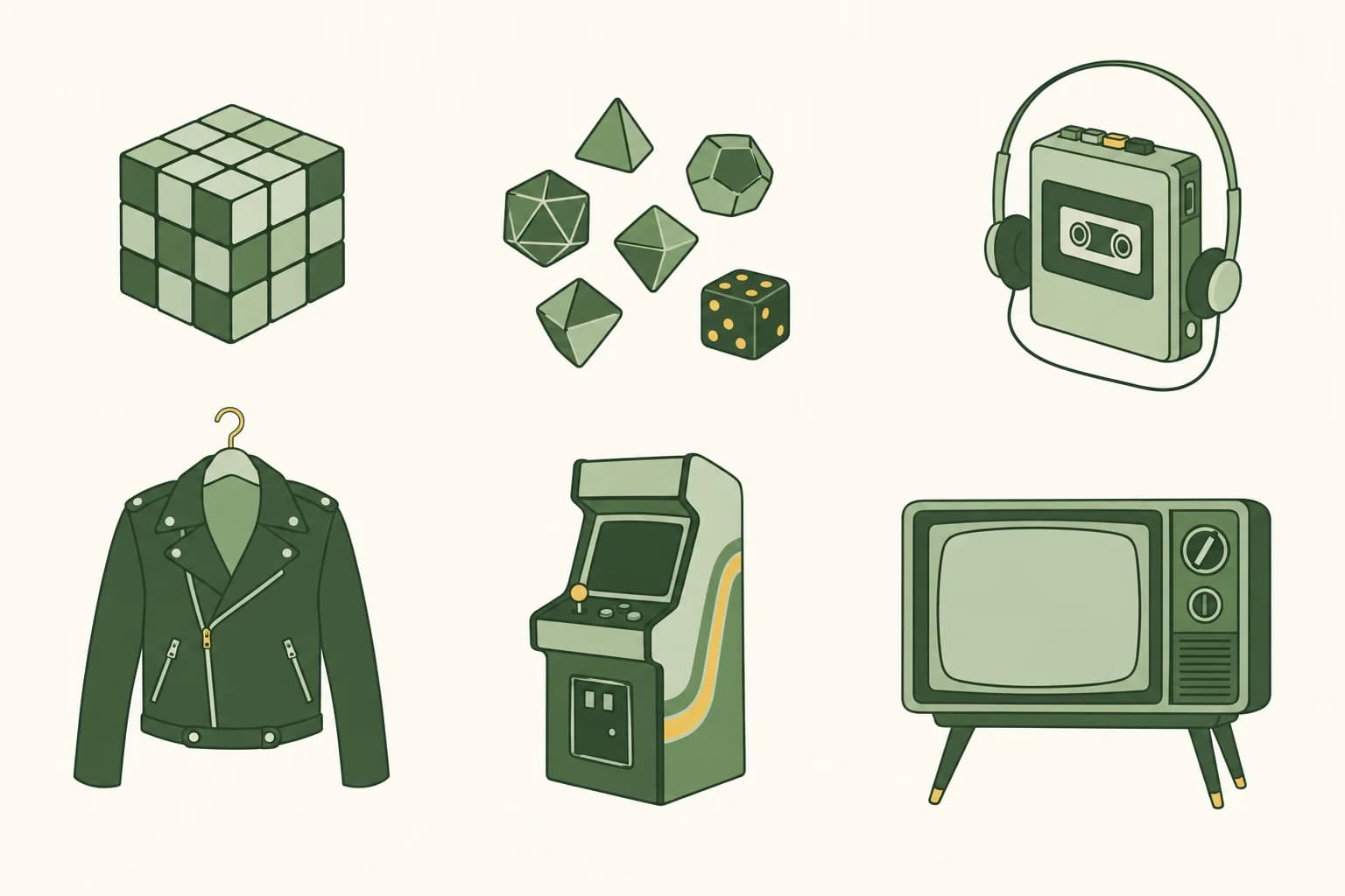 Cartoon 1970s fun: a cube puzzle, a set of polyhedral dice, a portable cassette player, a leather jacket on a hanger, a tiny racing arcade cabinet and a television set