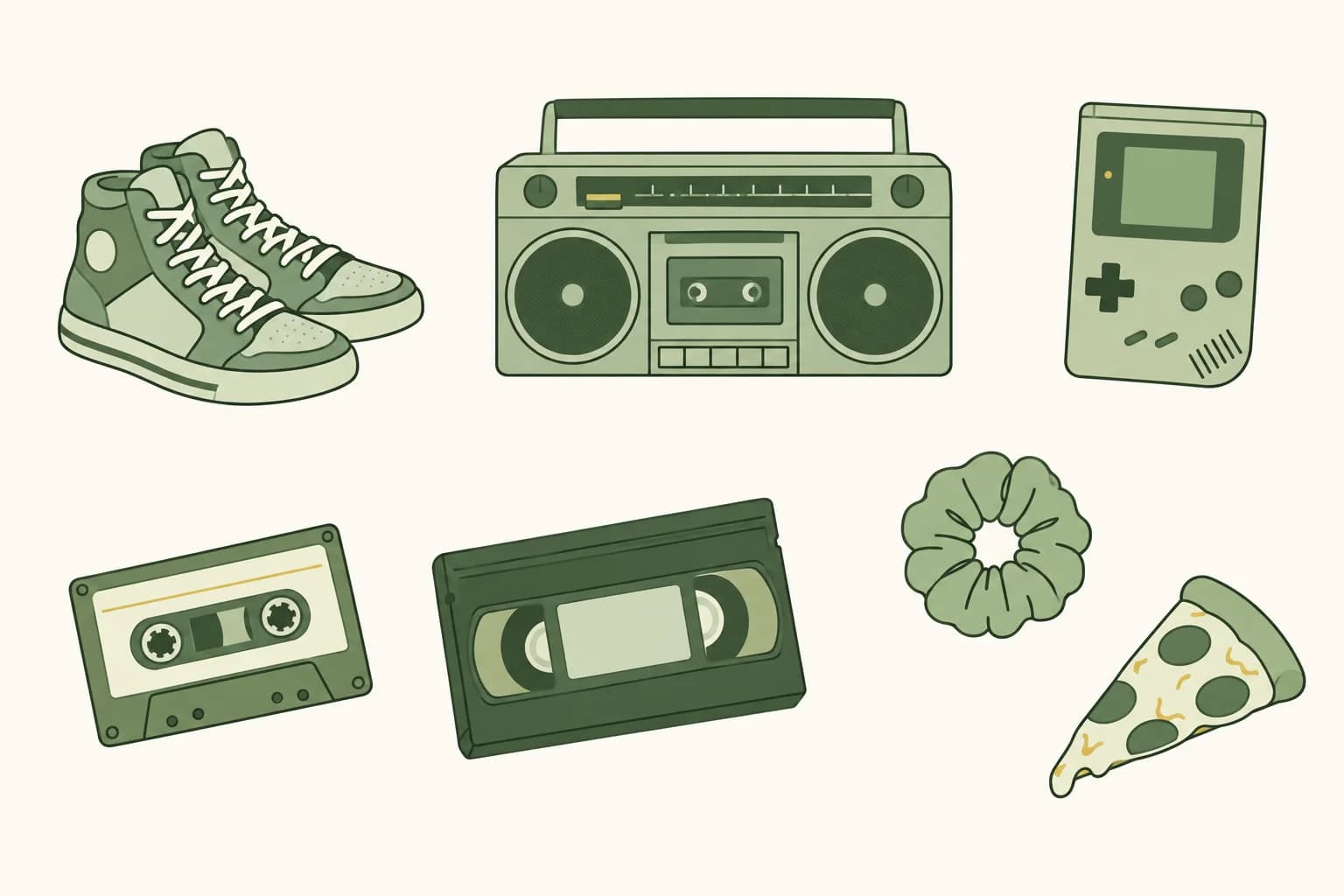 Cartoon high-top sneakers, a boom box, a handheld game console, a cassette tape, a VHS tape, a scrunchie and a pizza slice