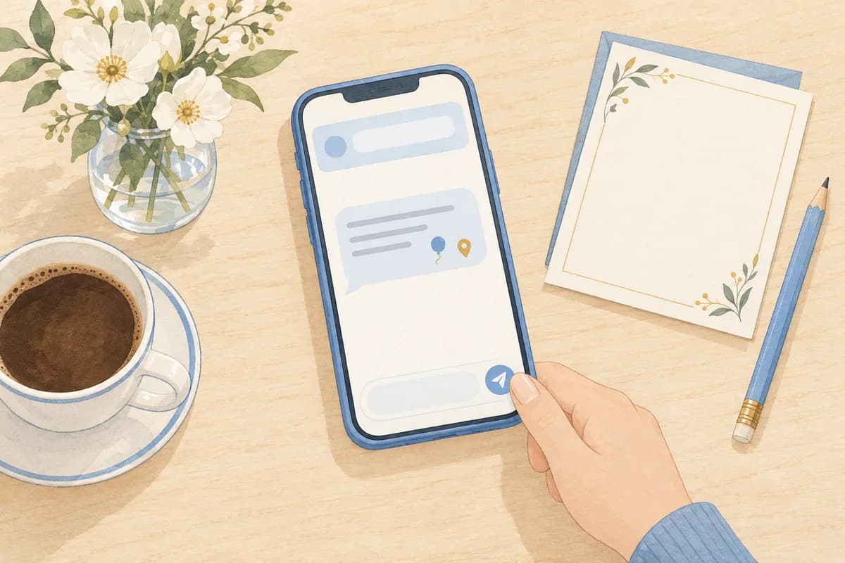 A hand holds a phone showing one short message bubble with a balloon icon and a map pin, thumb by the send button, beside coffee, white flowers and a blank invitation card with a pencil.