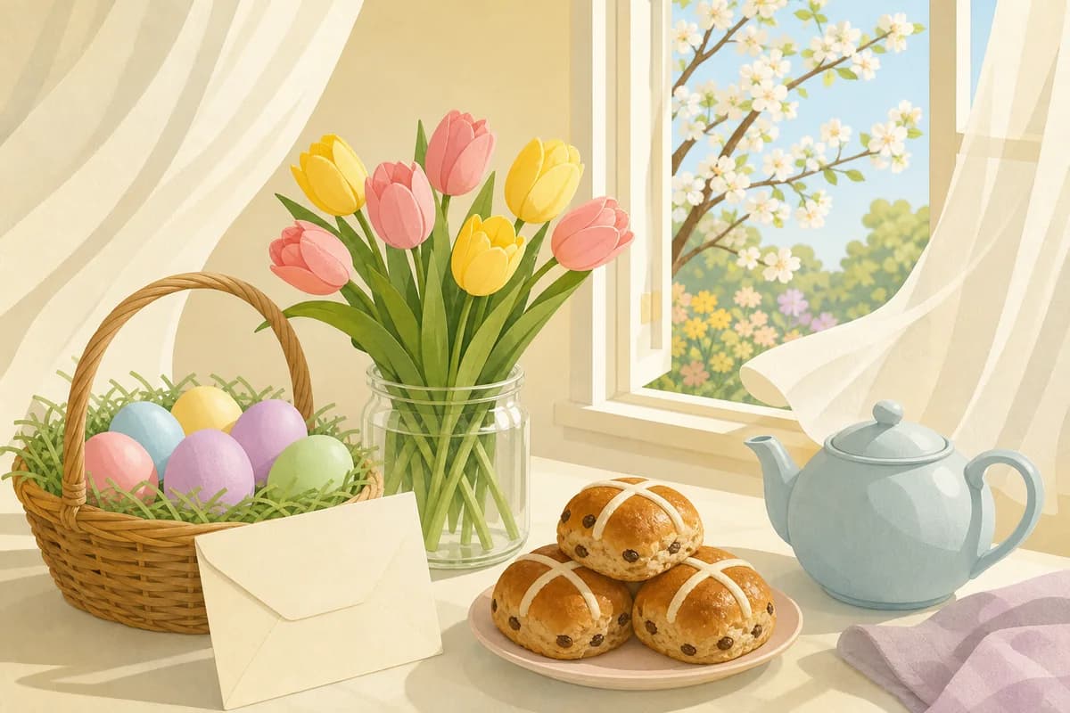 An Easter breakfast table by a sunny window, with a basket of pastel eggs, a jar of tulips and a cream envelope leaning against the jar.