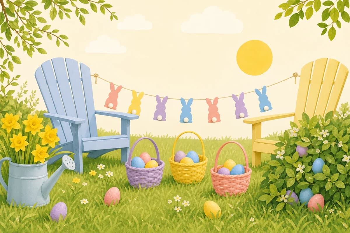 Three small Easter baskets wait on a spring lawn while painted eggs hide in the grass and a paper bunny garland hangs between two chairs.