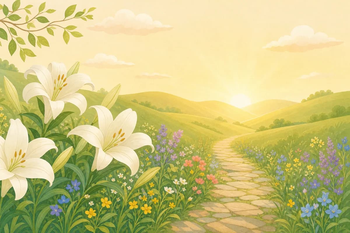 White Easter lilies along a stone path in the foreground, with a gold sunrise spreading over green hills.