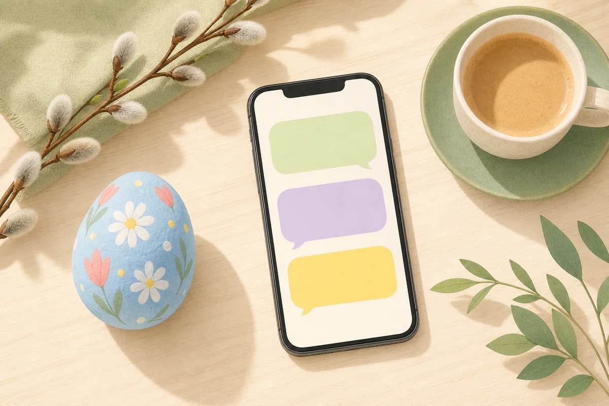A phone on a wooden table shows three blank pastel message bubbles, next to a painted Easter egg and a sprig of pussy willow.