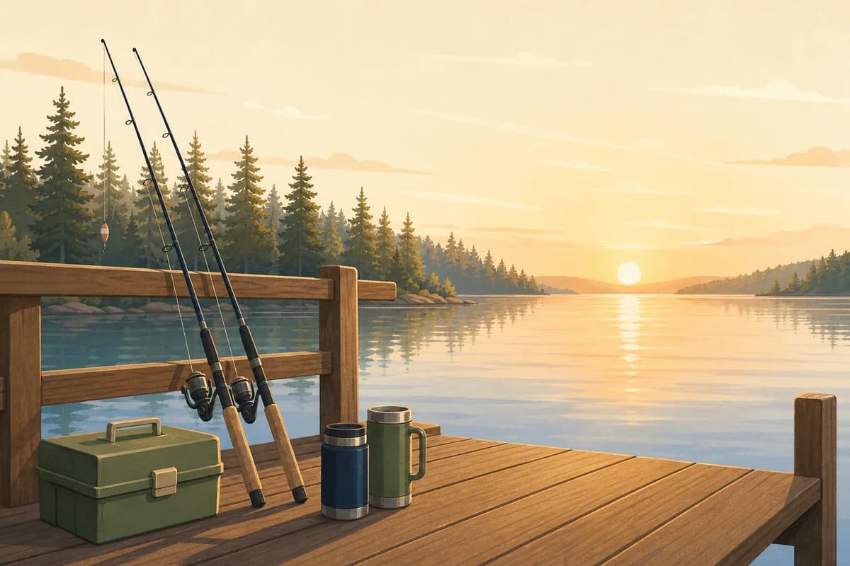 A lake dock at sunrise with two fishing rods, a tackle box and two thermos cups.