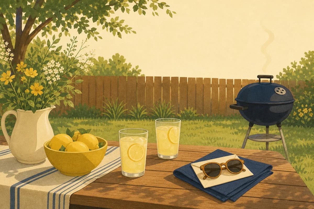 A backyard picnic table at golden hour with a small grill, two lemonades and an envelope under a pair of sunglasses.