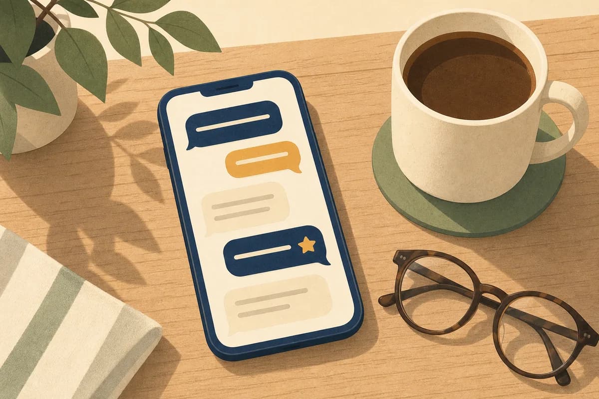 A phone on a wooden table with blank message bubbles on the screen, next to a coffee mug and reading glasses.
