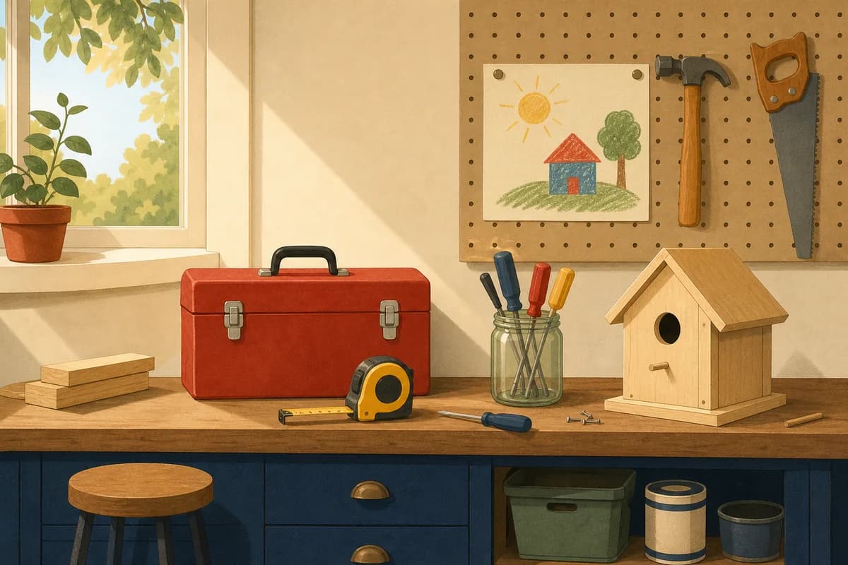 A garage workbench with a toolbox, a tape measure, an unfinished birdhouse and a child's crayon drawing on the pegboard.