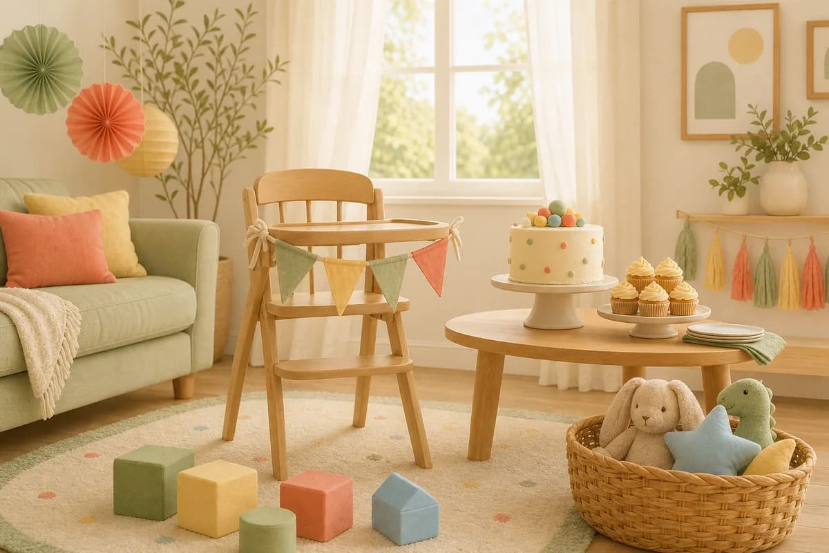 A sunny living room with a high chair dressed in a small fabric bunting, a cake and cupcakes on a low table, and soft blocks on a rug