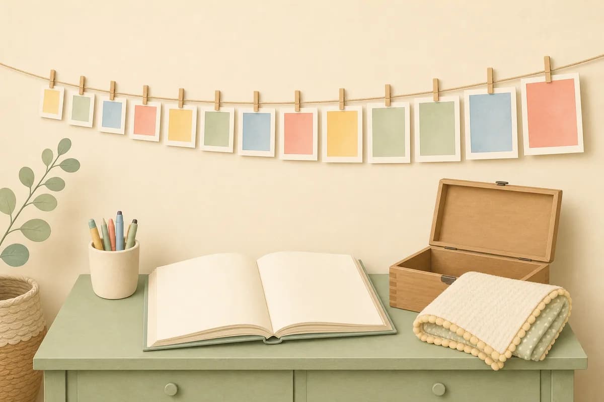 Twelve blank photo frames clipped to a string above a table with an open picture book, a cup of pens and an open wooden keepsake box