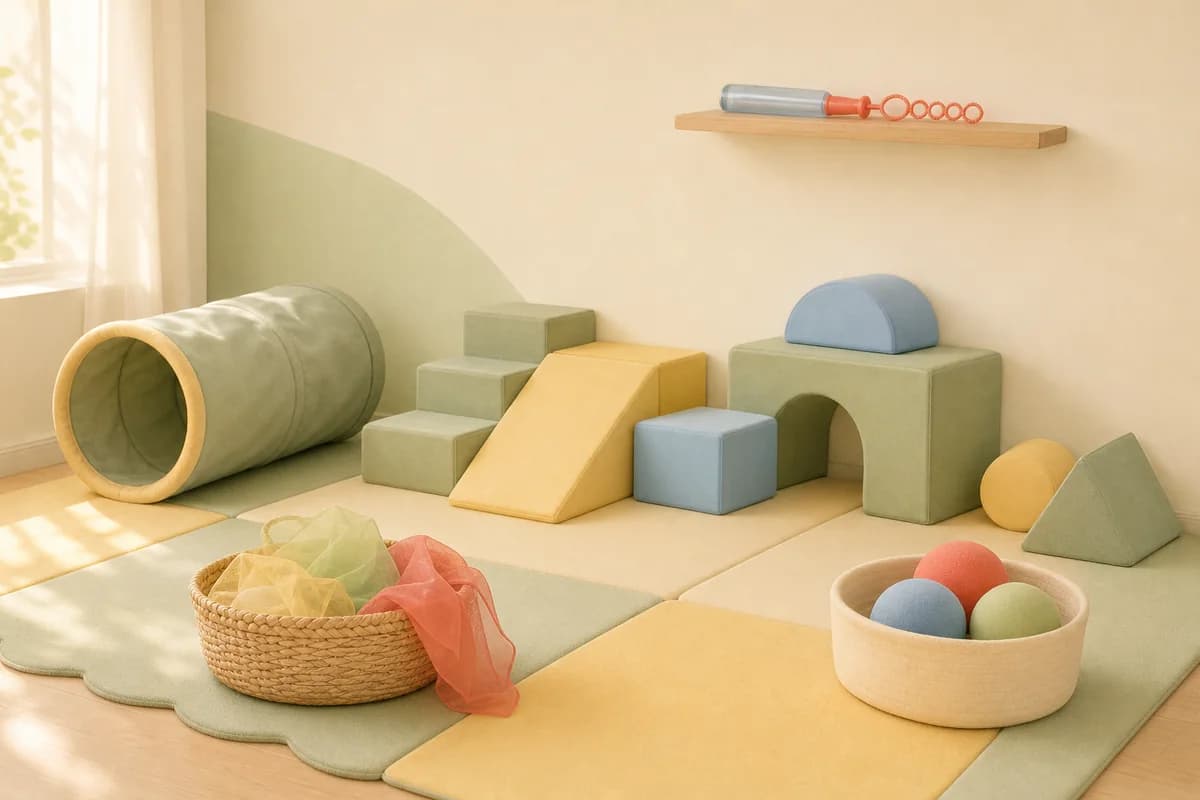 A padded soft play corner with large foam blocks, a short crawl tunnel, a basket of scarves and a tub of big soft balls