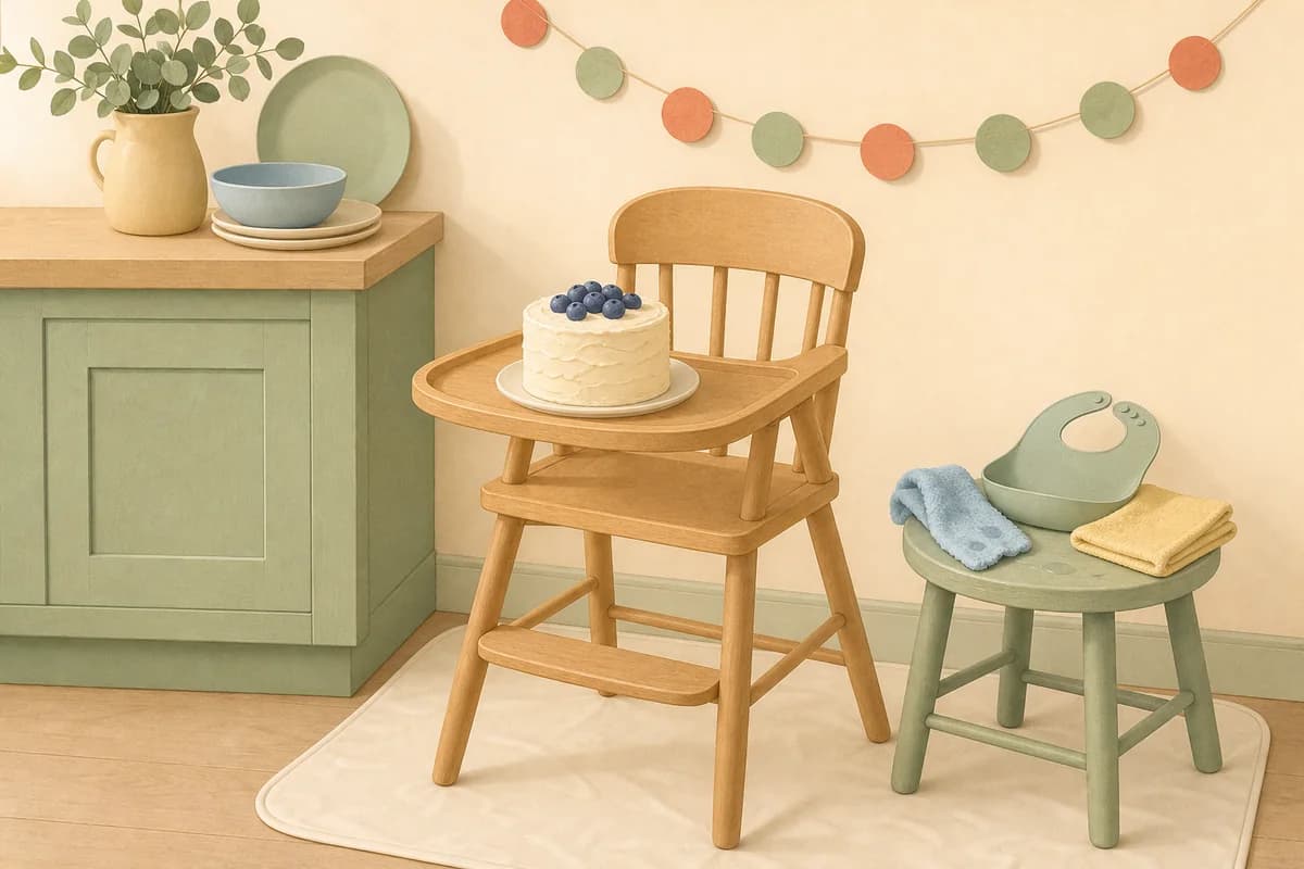 A high chair on a drop cloth with a small frosted cake on the tray, and a bib, washcloth and towel waiting on a stool beside it