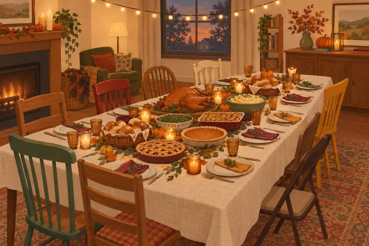 A long dinner table with mismatched chairs, shared dishes down the middle, candles in jars and string lights above