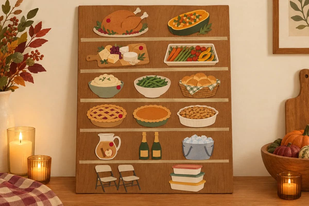 A board with six rows of paper dish cut-outs, from mains to supplies, with small dots marking the items already taken