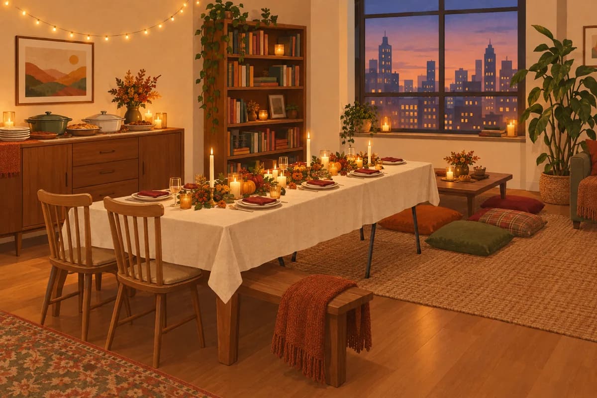 A small apartment with a dining table and a folding table pushed together under one cloth, plus floor cushions for extra seats