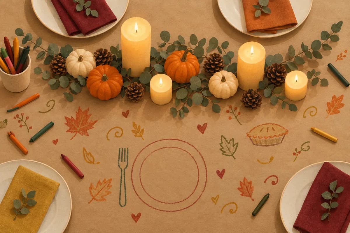 A table covered in brown kraft paper, with crayon doodles of leaves and a pie around a row of candles and mini pumpkins