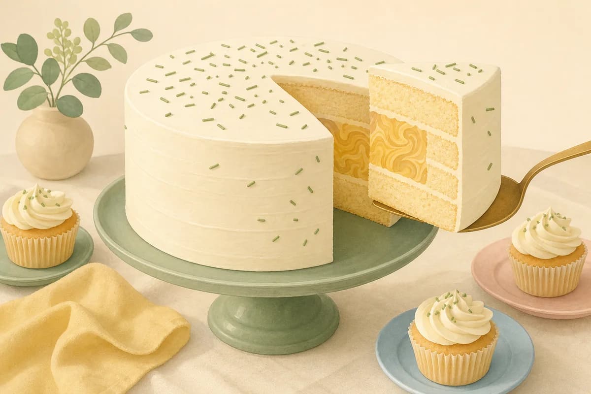 A cream-frosted layer cake with one slice lifted out, showing a hidden gold-colored center, with cupcakes around the stand