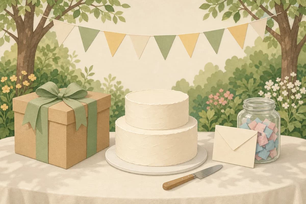 A garden table with a frosted cake and a knife, a large gift box tied with a ribbon, and a sealed envelope beside a jar of pink and blue paper slips