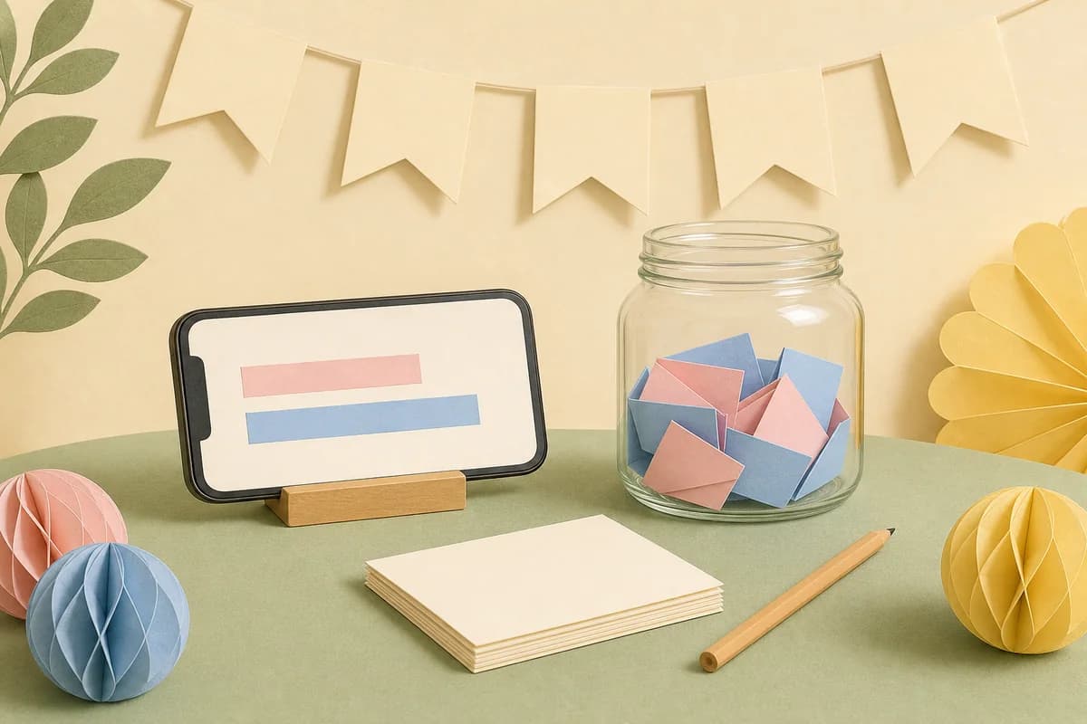 A phone showing two vote bars in pink and blue beside a jar of folded paper slips, blank cards and a pencil