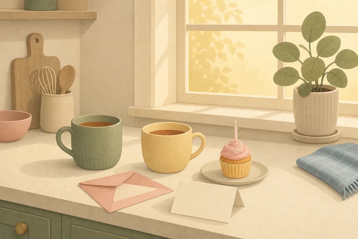 Two mugs of tea, a single cupcake and an opened envelope with a blank card on a kitchen counter in morning light